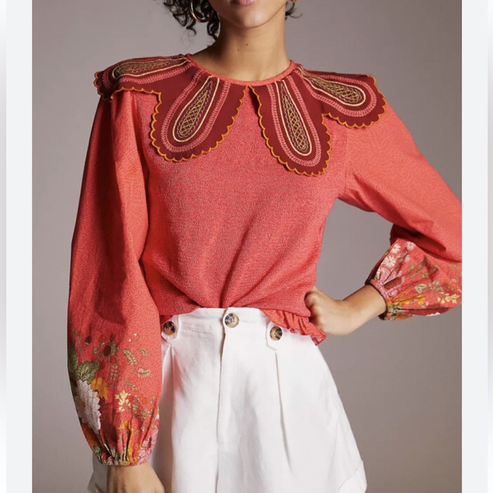 Coral Embroidered Balloon-Sleeve Blouse